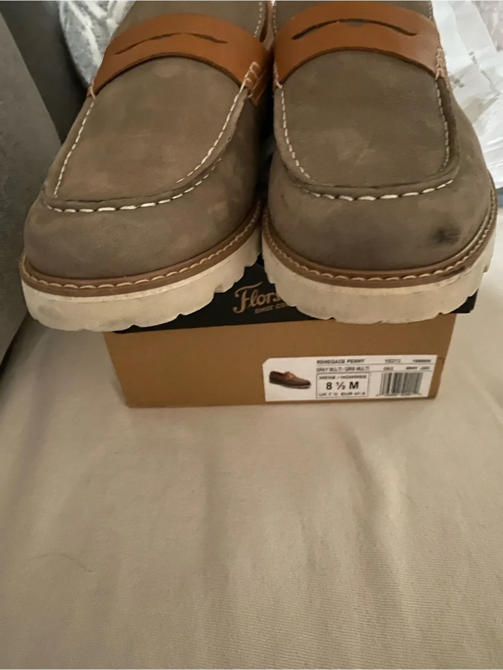 Florsheim Taupe Suede Penny Loafers with Tan Strap